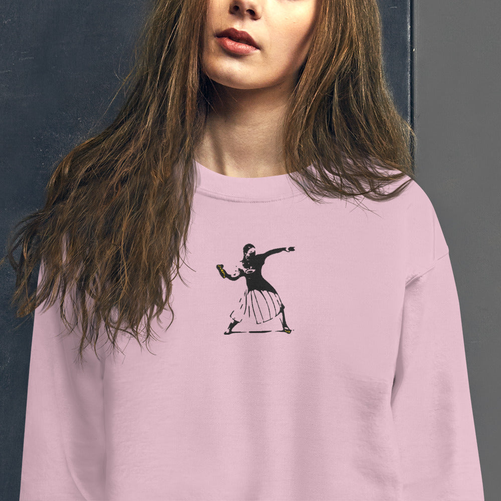 Banksy Inspired Girl Activist Embroidered Pullover Crewneck Sweatshirt