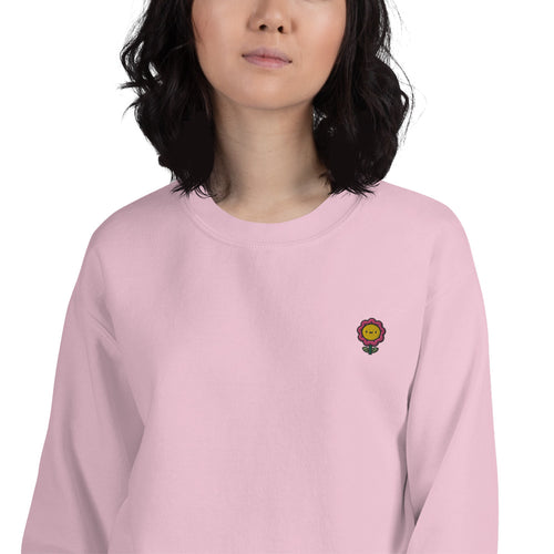 Cute Smiley Flower Face Embroidered Pullover Crewneck Sweatshirt