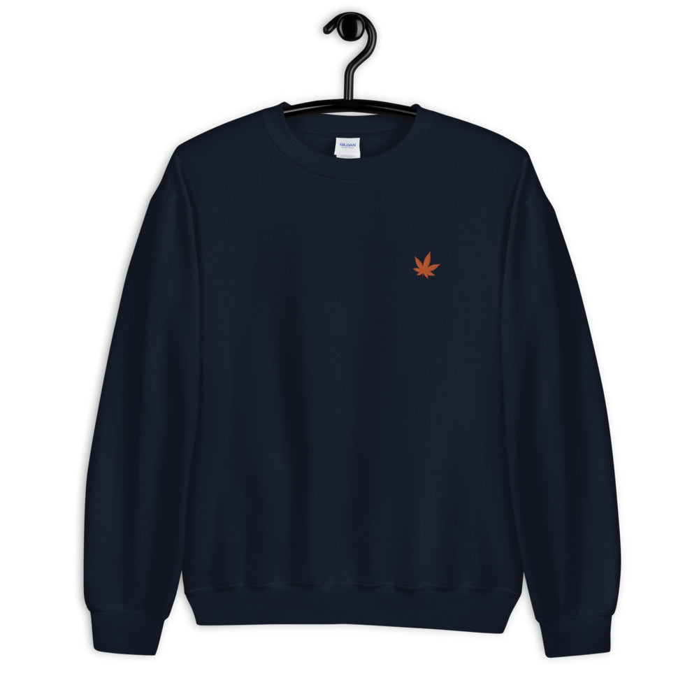 Orange Pot Leaf Embroidered Pullover Crewneck Sweatshirt