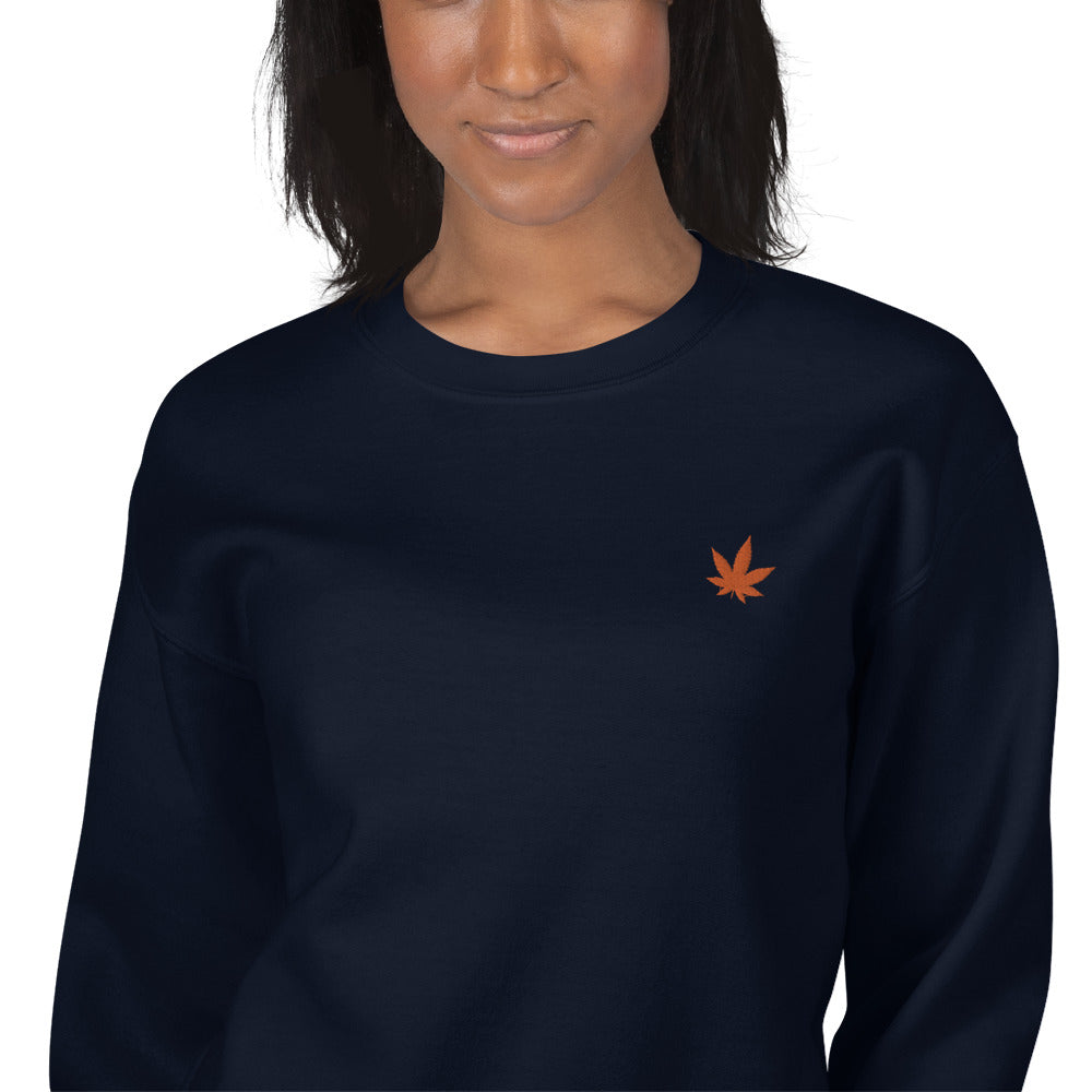 Orange Pot Leaf Embroidered Pullover Crewneck Sweatshirt