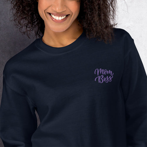 Mom Boss Embroidered Pullover Crewneck Sweatshirt for Women