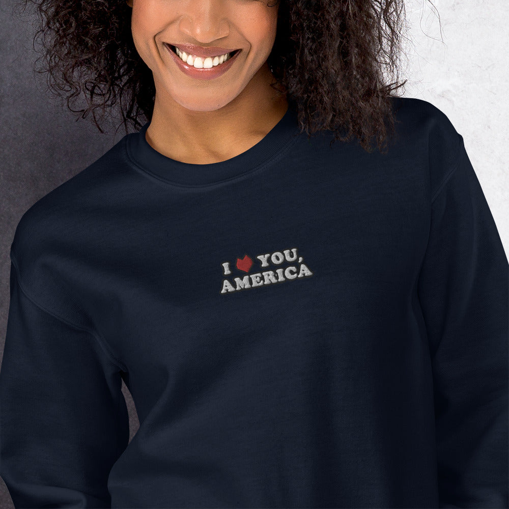 I Love You America Sweatshirt Embroidered Love USA Pullover Crewneck