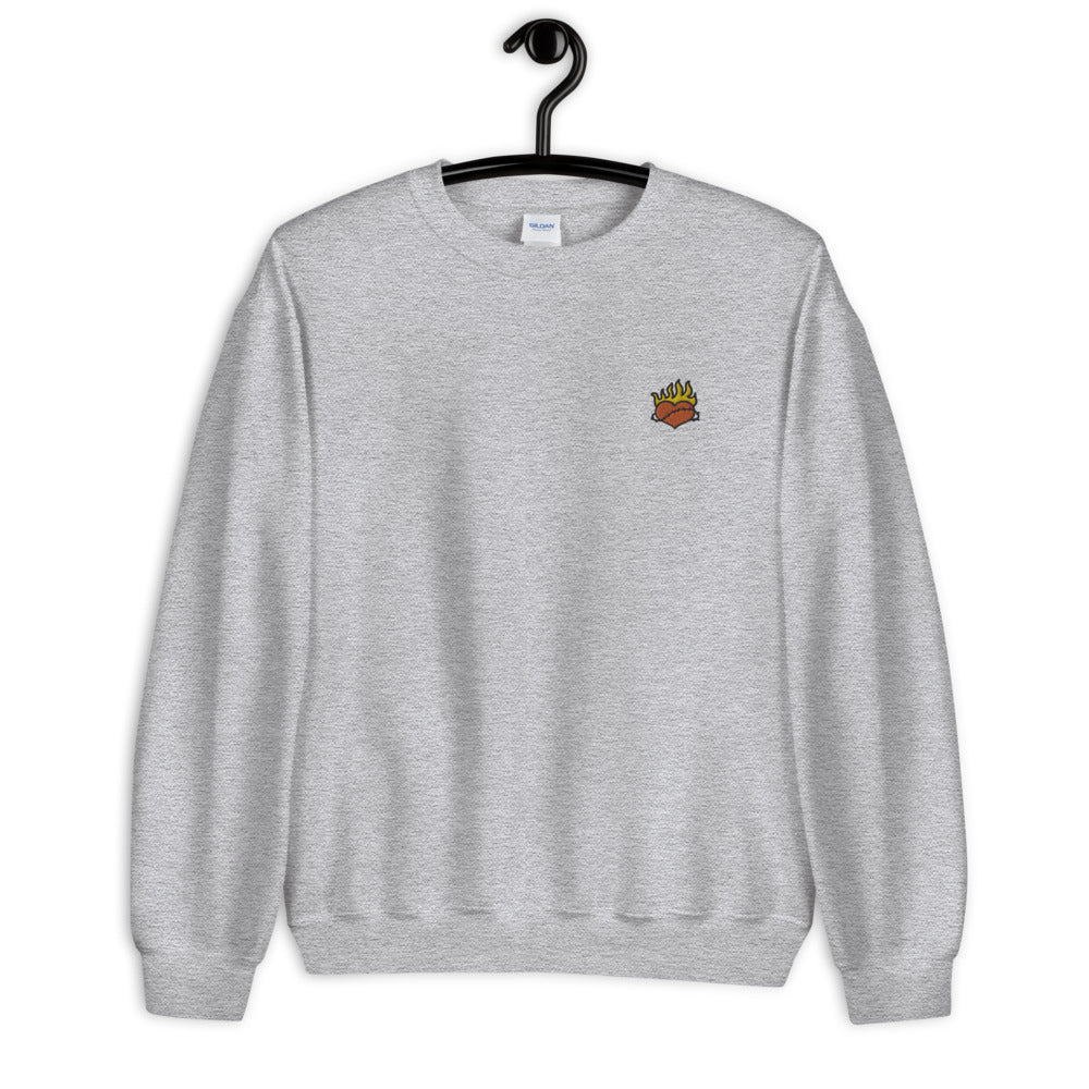 Heart on Fire Sweatshirt Embroidered Burning Heart Pullover Crewneck