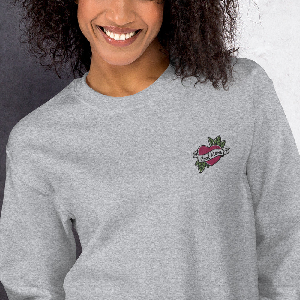 Cool Mom Heart Embroidered Pullover Crewneck Sweatshirt