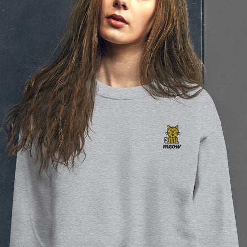 Embroidered Cute Cat Meow Pullover Crewneck Sweatshirt for Women