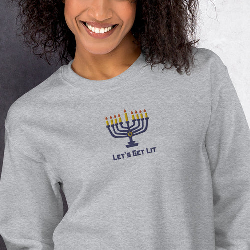 Let's Get Lit Hanukkah Sweatshirt Embroidered Jewish Festival Crewneck
