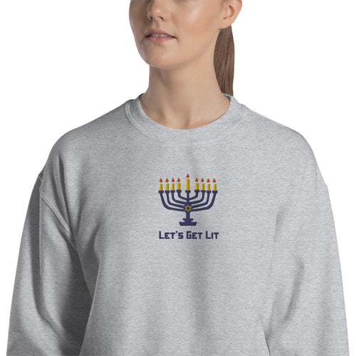Let's Get Lit Hanukkah Sweatshirt Embroidered Jewish Festival Crewneck