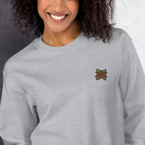 Side Embroidered Flower Pullover Crewneck Sweatshirt for Women