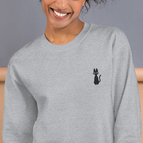 Curious Cat Sweatshirt Embroidered Cute Cat Pullover Crewneck