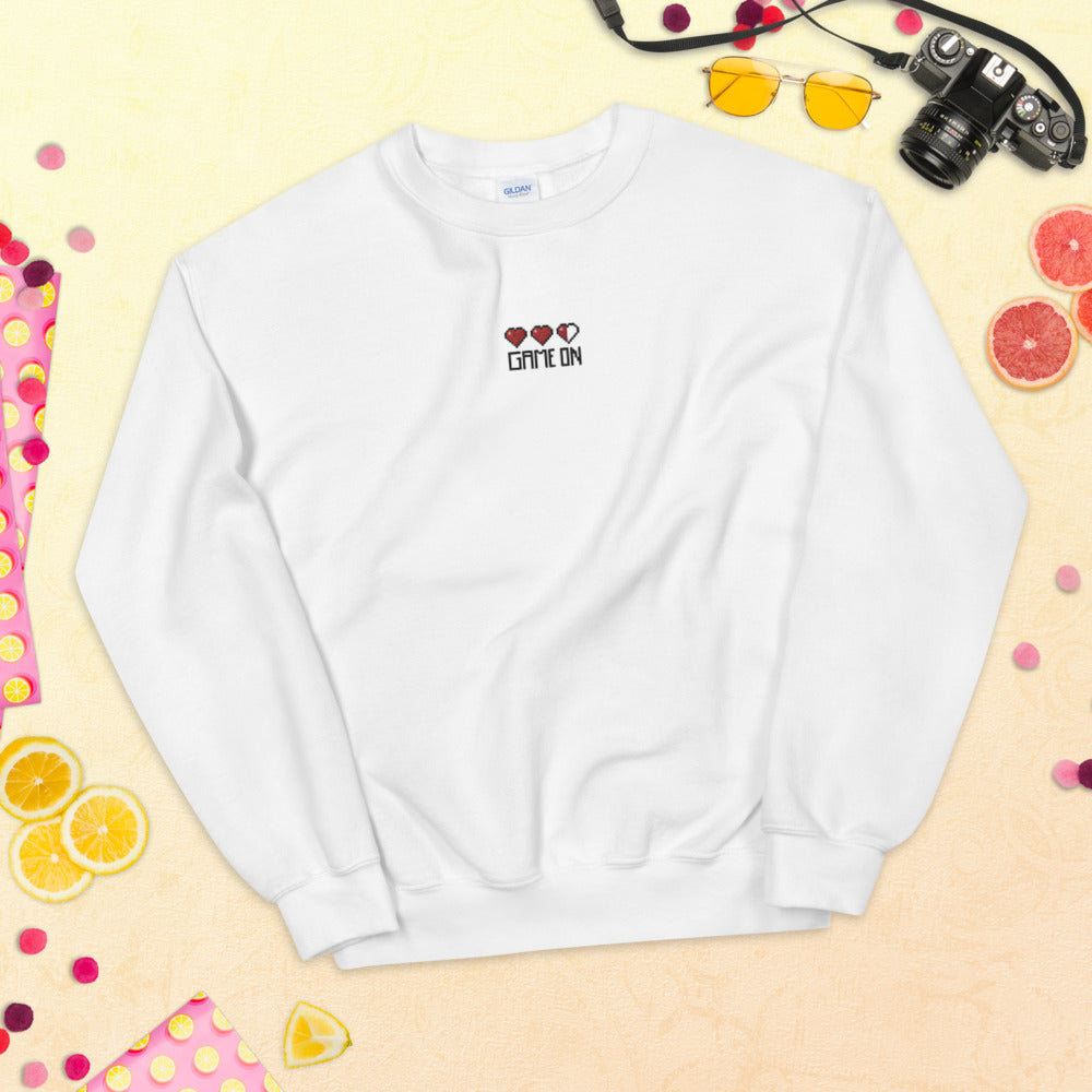 Game On Sweatshirt Embroidered Video Game Power Pixel Heart Crewneck