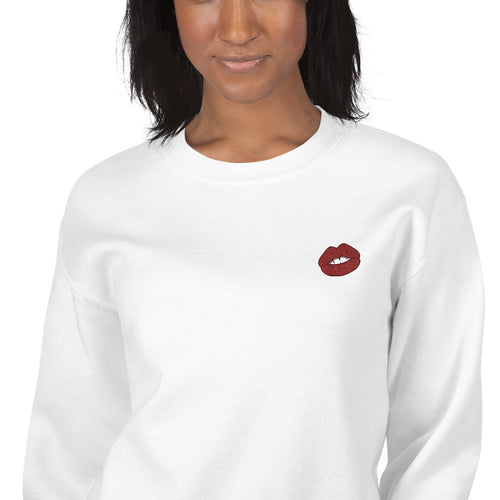Red Lips Embroidered Pullover Crewneck Sweatshirt