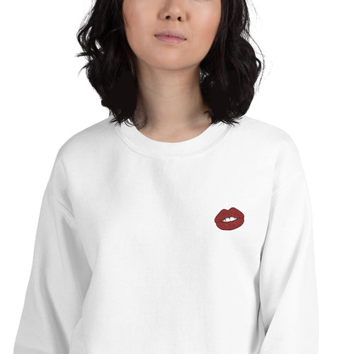 Red Lips Embroidered Pullover Crewneck Sweatshirt