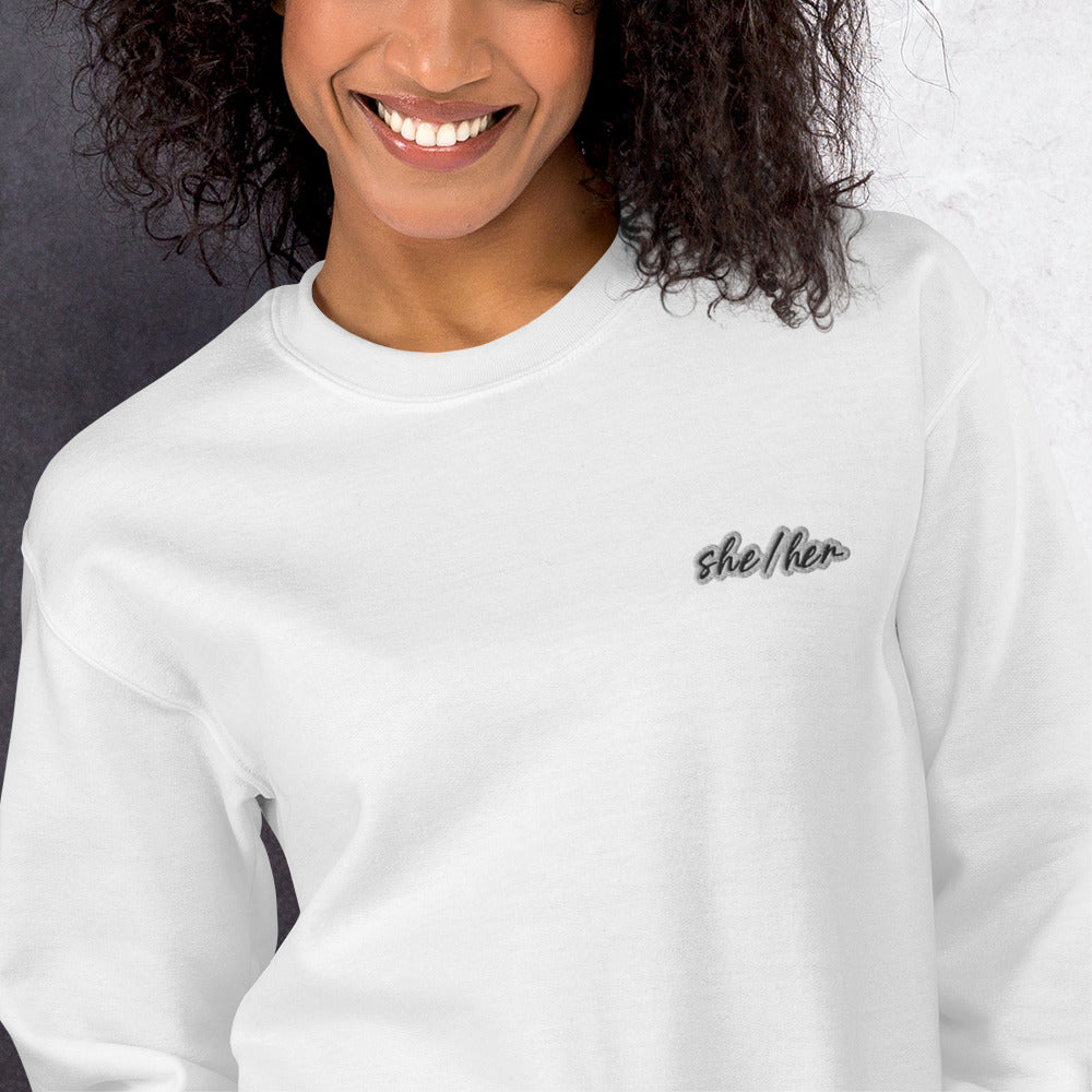 She/Her Gender Pronouns Embroidered Pullover Crewneck Sweatshirt