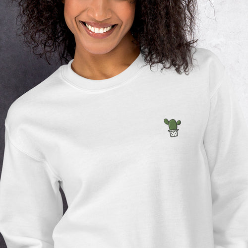 Embroidered Cactus in a Pot Pullover Crewneck Sweatshirt