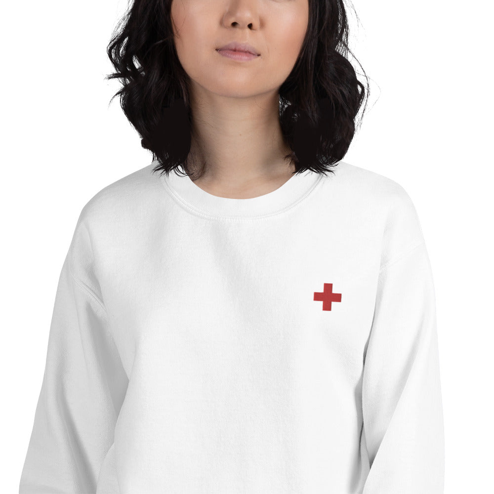 Hospital Symbol Sweatshirt Embroidered Red Cross Pullover Crewneck