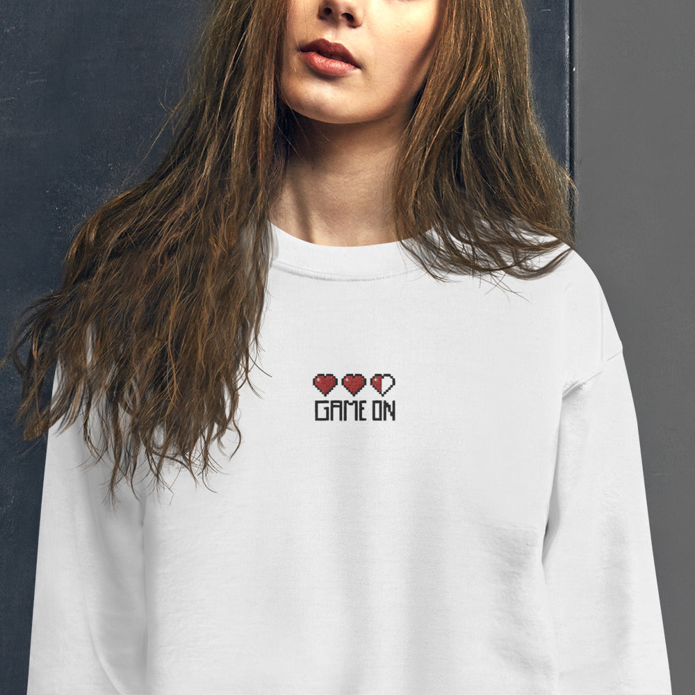 Game On Sweatshirt Embroidered Video Game Power Pixel Heart Crewneck