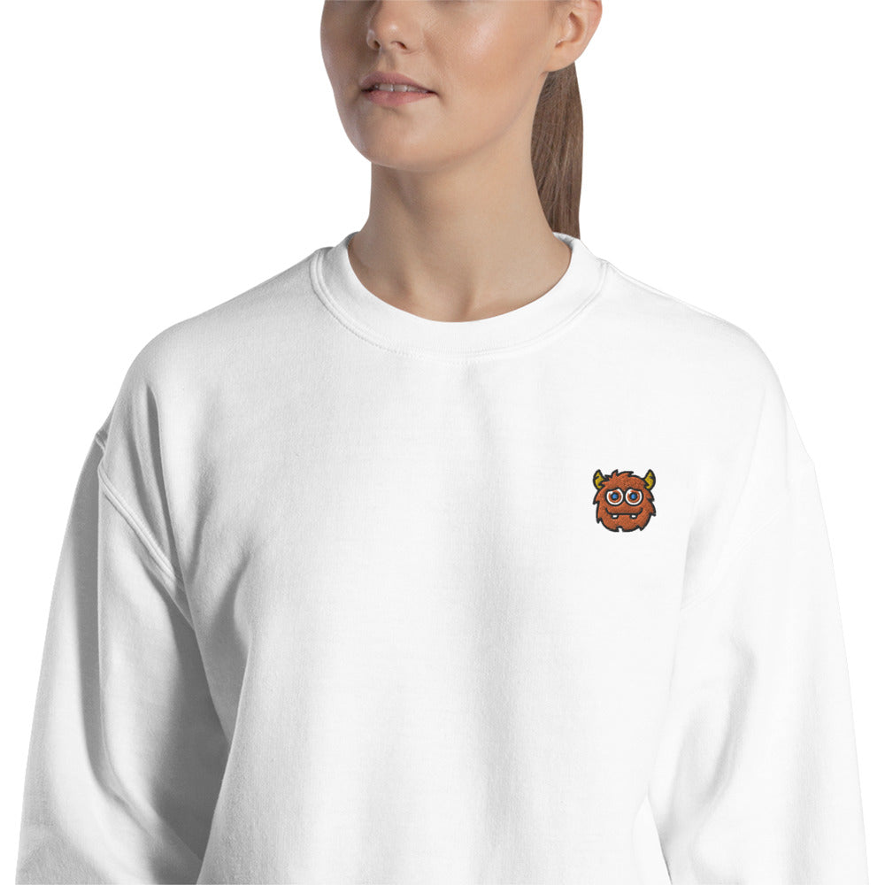 Cute Orange Monster Face Embroidered Pullover Crewneck Sweatshirt