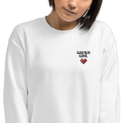 Gamer Girl Red Heart Embroidered Pullover Crewneck Sweatshirt
