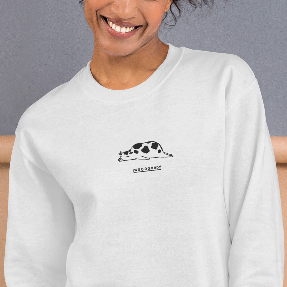 Lazy Cow Moody Embroidered Pullover Crewneck Sweatshirt