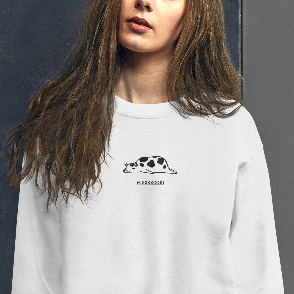 Lazy Cow Moody Embroidered Pullover Crewneck Sweatshirt
