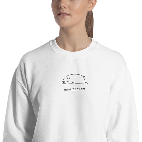 Missing You Pig Time Embroidered Sad Piggy Pullover Crewneck Sweatshirt