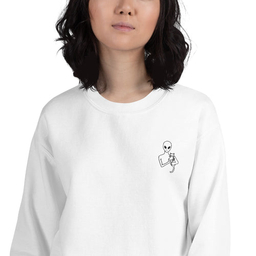 Alien With Cat Embroidered Pullover Crewneck Sweatshirt