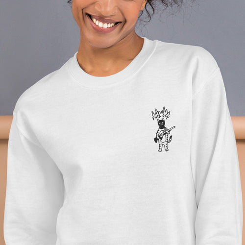 Fuck Off Cat Sweatshirt Embroidered Rebel Cat Pullover Crewneck